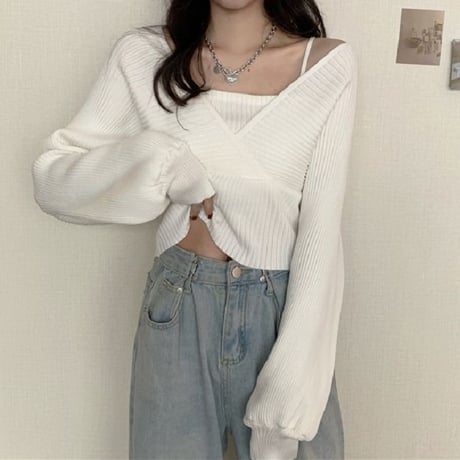 リブニット フェイクレイヤード ルーズ 長袖 セーター 韓国ファッション レディース ニット ゆったり 大人可愛い ガーリー DTC-653558986383