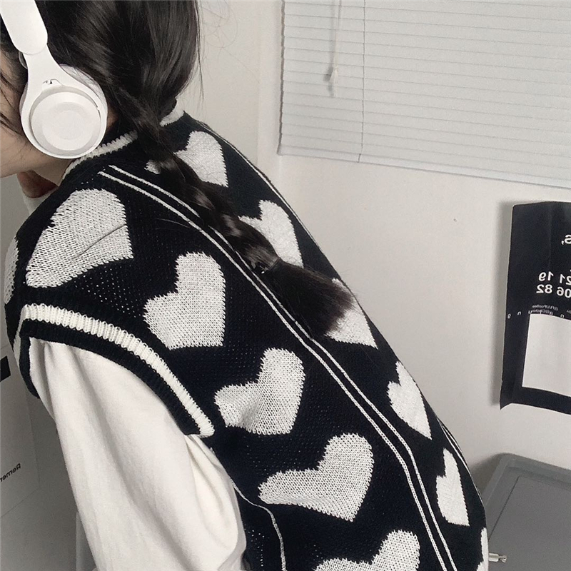 ニットベスト ハート柄 Vネック ゆったり 大きめ ルーズ カジュアル