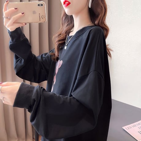 トレーナー 羽 エンジェルくまちゃん 薄手 シンプル ルーズ 韓国ファッション レディース トップス 大きめ ガーリー カジュアル ストリートファッション DTC-651472313621