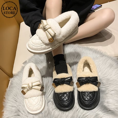 ファーシューズ リボン 22.5～25.0cm ローファー フラット フェイクファー もこもこ 歩きやすい おしゃれ 疲れない ガーリー DTC-661269724427