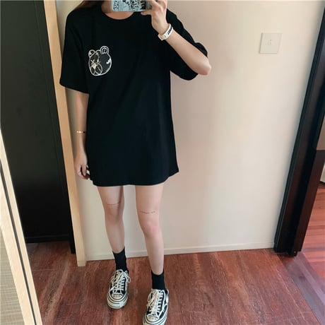 レディース 可愛いクマプリント Tシャツ ラウンドネック ゆったり 半袖 インスタ映え 韓国ファッション ホワイト ピンク (DCT-596629678942)