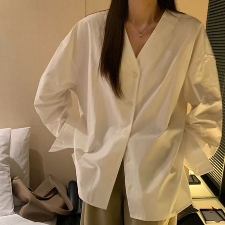 ノーカラー シャツ Vネック ルーズ ブラウス 長袖 レトロ 韓国ファッション レディース 大人可愛い ガーリー DTC-733875125653