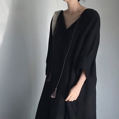 レディース Vネック ロングワンピース ブラック  シフォンマキシ丈 シンプル ゆったり マタニティー 韓国ファッション (DCT-588754300745)