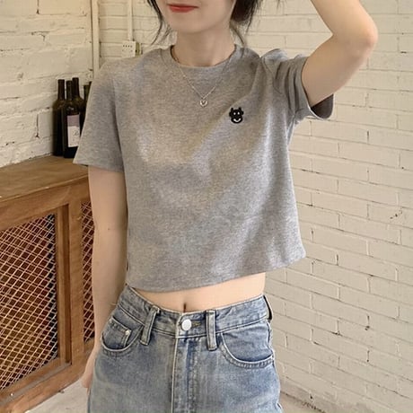 クロップド丈 Tシャツ 牛 プリント へそ出し 半袖 ラウンドネック 夏 韓国ファッション レディース ショート丈 トップス  カットソー 大人可愛い ガーリー DTC-640183810198