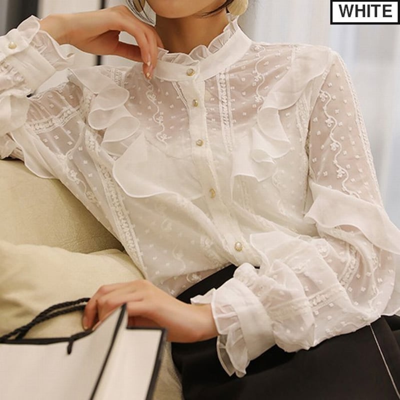 【在庫一掃】 ドット柄 フリル シフォンブラウス 長袖 韓国ファッション 服&ファッション小物