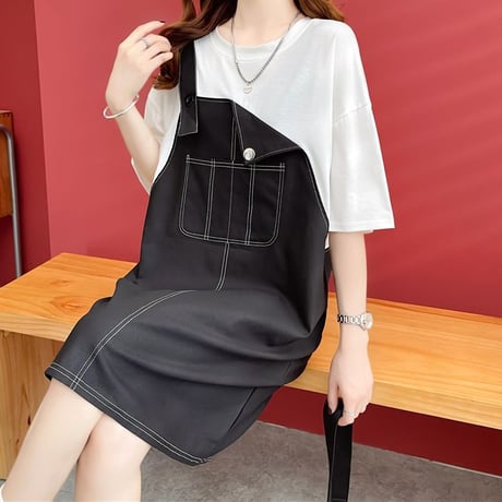 フェイクレイヤード ワンピース Tシャツ ドッキングワンピース ミニ丈 バイカラー ルーズ 半袖 レトロ 大人可愛い ガーリー 韓国ファッション レディース DTC-678993747695