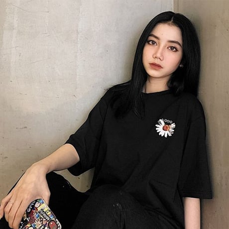 ユニセックス Tシャツ 半袖 ラウンドネック デイジープリント オーバーサイズ 韓国ファッション メンズ レディース 大きいサイズ ストリートファッション DTC-619619211600
