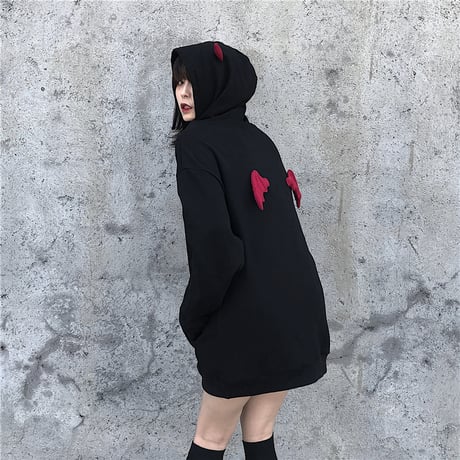 ユニセックス プルオーバー パーカー メンズ レディース 悪魔の耳と羽 オーバーサイズ ルーズ 大きいサイズ ストリート TBN-604130357724