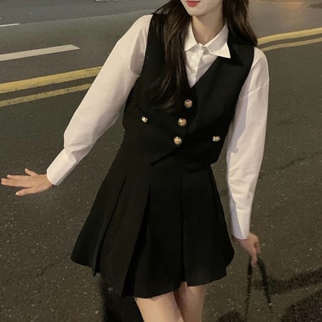 3点セット シャツ ベスト プリーツスカート ハイウエスト レトロ セットアップ 韓国ファッション レディース  大人可愛い ガーリー フェミニン DTC-655988533992