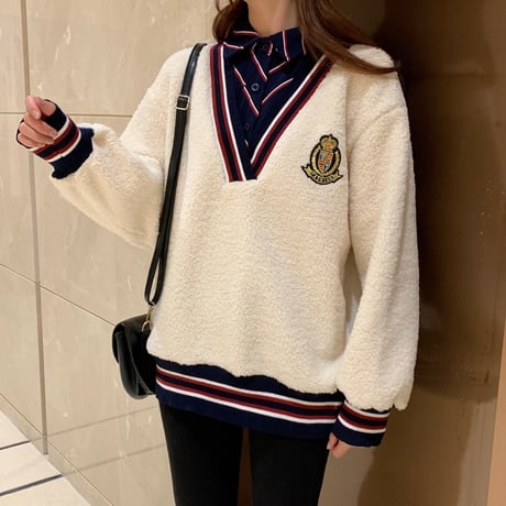 【2カラー】 レイヤード風 シャツ付 ニット セーター 韓国ファッション レディース 刺繍 ステッチ Vネック 長袖 DTC-606238213626