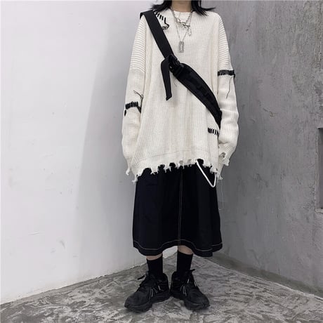 ユニセックス ダメージ加工 ニット ドロップショルダー セーター オーバーサイズ 韓国ファッション メンズ レディース ビター系 ストリート系ファッション DTC-630242686847