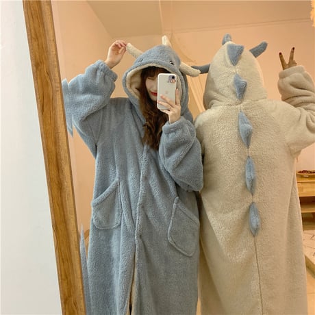 ナイトガウン ルームウェア パジャマ 恐竜 耳付きフード もこもこ ボア 部屋着 寝間着 韓国ファッション レディース 大人可愛い ガーリー (DTC-608768119076)