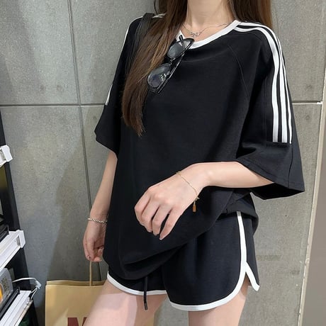 セットアップ サイドライン Tシャツ ショートパンツ 半袖 トップス ルーズ スポーツミックス レトロ 韓国ファッション レディース 大人可愛い ガーリー DTCA-953137451755