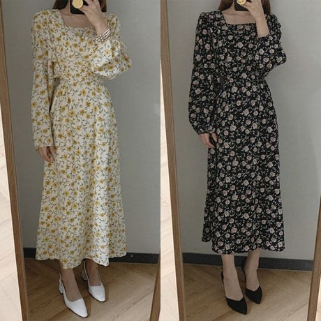 花柄ワンピース 長袖 スクエアネック 薄い ロングワンピース ハイウエスト 韓国ファッション レディース 花柄 ワンピース 大人可愛い ガーリー フェミニン DTC-637711568791