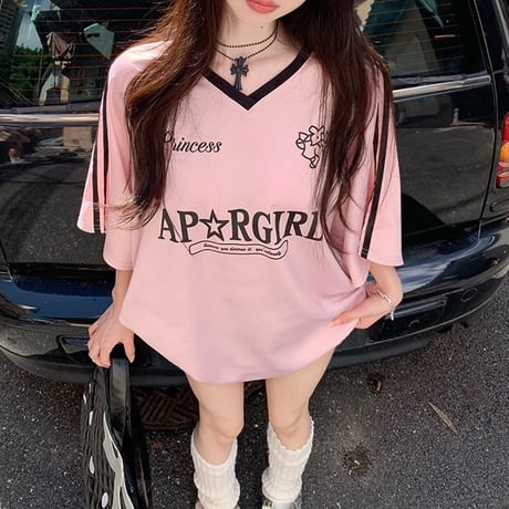 Tシャツ ユニフォーム風 サイドライン Vネック トップス 半袖 オーバーサイズ レトロ 韓国ファッション レディース 大人可愛い ガーリー スポーツミックス DTC-812444710826