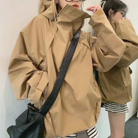 フード付き トレンチ ジャケット スタンドカラー ジップアップ ドローコード ルーズ 長袖 レトロ 韓国ファッション レディース 大人可愛い ガーリー カジュアル DTC-684850974613