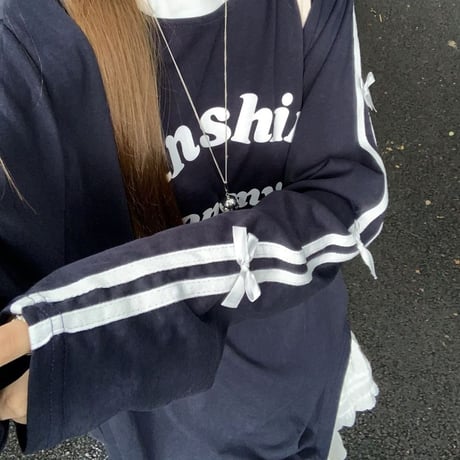 袖ライン リボン tシャツ レタープリント オーバーサイズ ロンt サイドライン トップス 長袖 レトロ 韓国ファッション レディース 大人可愛い ガーリー DTC-798807583548