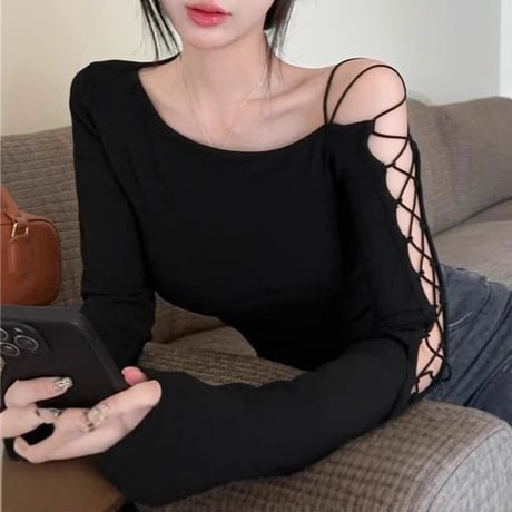 レースアップ トップス ロンT スリムフィット タイト ワンショルダー プルオーバー tシャツ 長袖 レトロ 大人可愛い ガーリー DTCA-857860566669