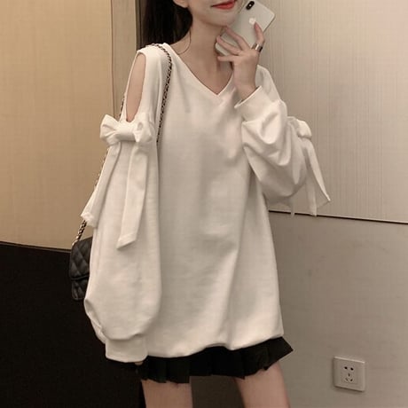 トレーナー 薄手 Vネック 肩あき 肩出し リボン カットソー オフショルダー トップス 長袖 ゆったり 韓国ファッション レディース 大人可愛い ガーリー DTC-637882425955
