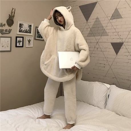 ルームウェア パジャマ セットアップ フリース パーカー + パンツ 耳付き 長袖 上下セット 長袖 韓国ファッション レディース もこもこ ガーリー 628421744075