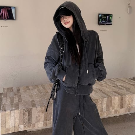 スウェット セットアップ 上下セット ジップアップ パーカー パンツ オーバーサイズ 長袖 レトロ 韓国ファッション レディース 大人可愛い ガーリー カジュアル DTC-837034837084