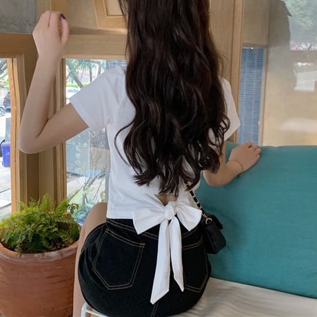 バックリボン tシャツ バックレス ウエスト見せ ショート丈 クルーネック 半袖 トップス レトロ 大人可愛い ガーリー カジュアル DTCA-732666685652