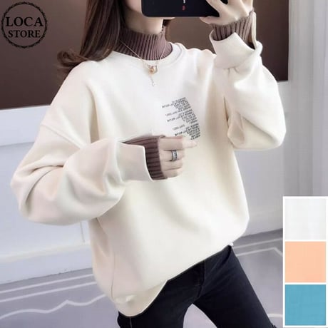 フェイクレイヤード ハーフタートルネック トレーナー プラスベルベット バイカラー 長袖 秋冬 レトロ 韓国ファッション レディース 大人可愛い ガーリー カジュアル DTC-741211280064