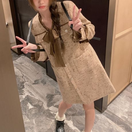 ツイード ワンピース リボン フリル ショート丈 Aライン ゆったりウエスト ミニワンピース 長袖 レトロ 韓国ファッション レディース 大人可愛い ガーリー DTC-745264114087