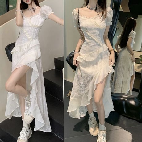 ワンピース 不規則デザイン フリル 2WAY スクエアネック オフショルダー パフスリーブ Aライン 半袖 レトロ 韓国ファッション レディース 大人可愛い ガーリー DTC-801946879202