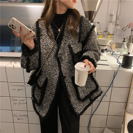 千鳥柄 ボア ツイードジャケット ノーカラージャケット Vネック チェック柄 アウター レトロ 韓国ファッション レディース  大人可愛い ガーリー DTC-657631763128