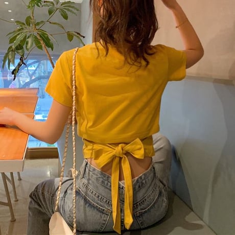 バックリボン tシャツ バックレス ウエスト見せ ショート丈 クルーネック 半袖 トップス レトロ 大人可愛い ガーリー カジュアル DTCA-732666685652