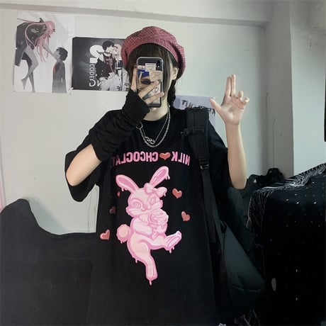 ユニセックス Tシャツ 半袖 メンズ レディース ラウンドネック うさぎ ラビット プリント オーバーサイズ 大きいサイズ ルーズ ストリート TBN-616203345862