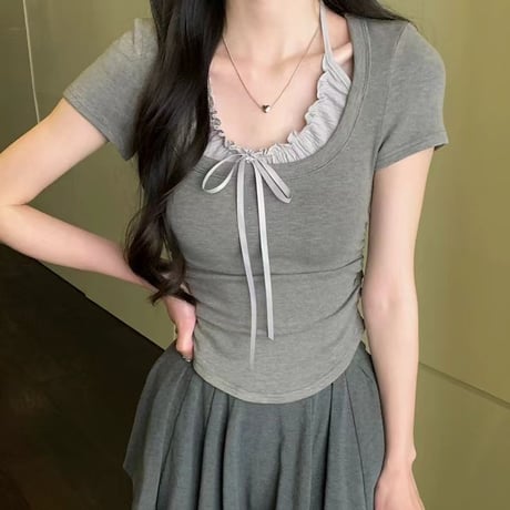 フェイクレイヤード Tシャツ ホルターネック プリーツフリル リボン ドッキングトップス スリムフィット ショート丈 半袖 レトロ 大人可愛い ガーリー DTCA-789934600228