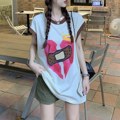 ノースリーブトップス タンクトップ オーバーサイズ ラブバンドエイド 大人可愛い ガーリー カジュアル 韓国ファッション レディース 韓国ストリートファッション DTC-679693131575