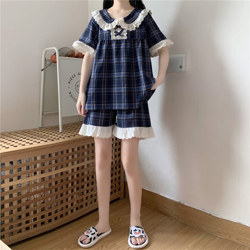 ルームウェア パジャマ セットアップ チェック柄 フリル トップス  