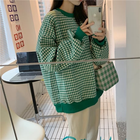 千鳥格子 トレーナー チェック柄 クルーネック ルーズ ゆったり 長袖 レトロ 韓国ファッション 大人可愛い レディース ガーリー カジュアル DTC-660216579948