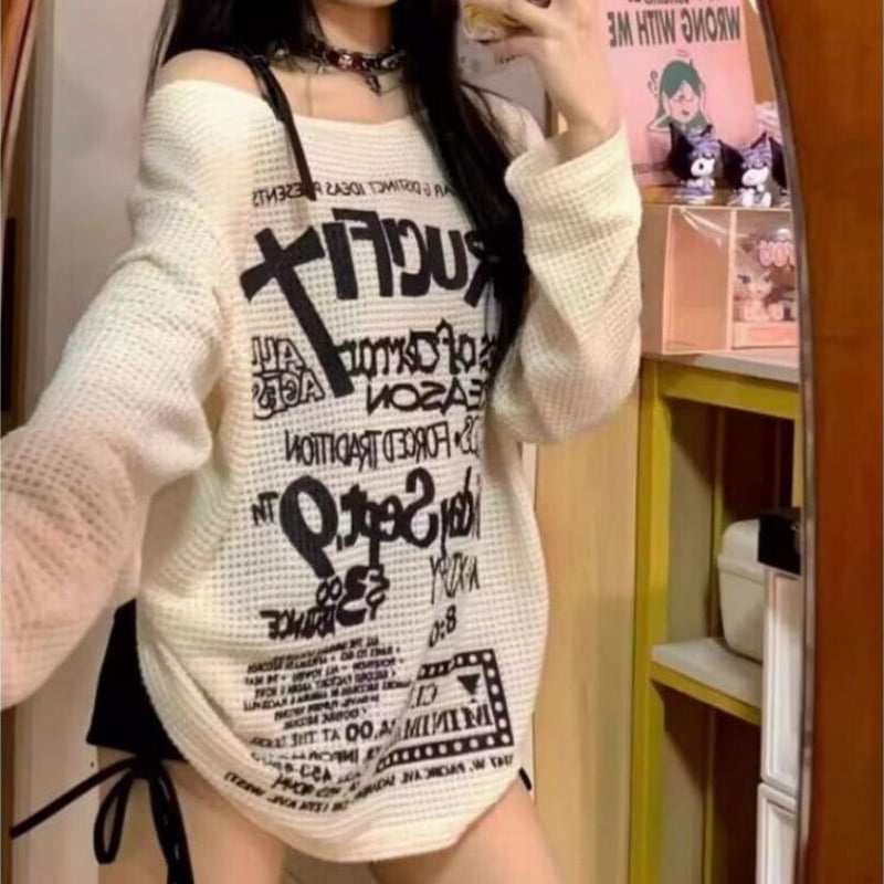 ロンT レタープリント オフショルダー トップス ワンショルダー