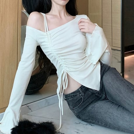 Tシャツ ワンショルダー ギャザー カットソー トップス ショート丈 不規則 スリムフィット アプリコット ブラック シンプル 長袖 レトロ 大人可愛い ガーリー DTCA-757439921172