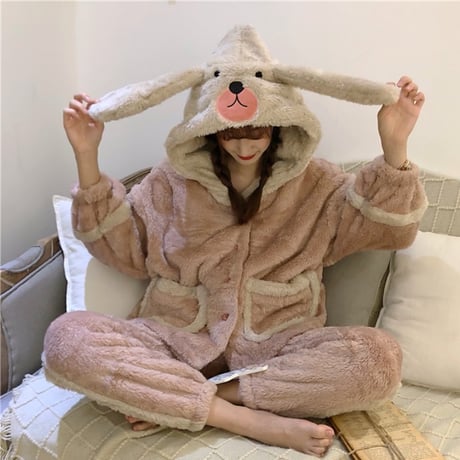 【ルームウェア】 フード付き パジャマ セットアップ トップス + パンツ ラビット フリース ウサギ 長袖 上下セット 長袖 韓国ファッション レディース ガーリー 627124813627