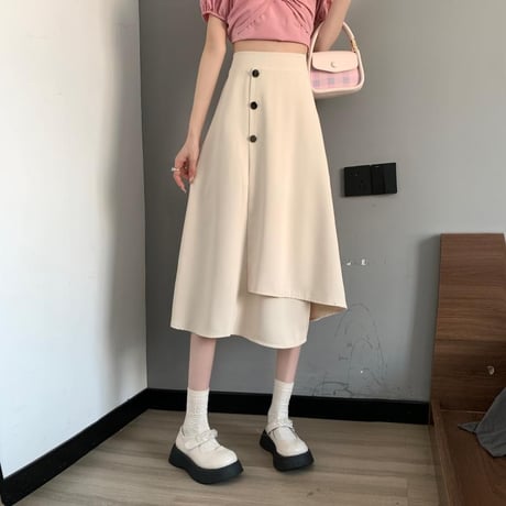 ロングスカート 不規則デザイン アシンメトリー アシメ スカート フロントボタン ハイウエスト レトロ 韓国ファッション レディース 大人可愛い ガーリー DTC-676469685119