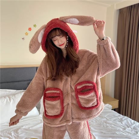 【ルームウェア】 フード付き パジャマ セットアップ トップス + パンツ ラビット フリース ウサギ 長袖 上下セット 長袖 韓国ファッション レディース ガーリー 627124813627