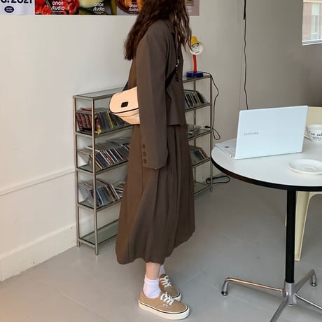 セットアップ ジャケット プリーツスカート ブラウン ロングスカート ハイウエスト 2点セット 長袖 レトロ 韓国ファッション レディース 大人可愛い ガーリー DTC-666796163703