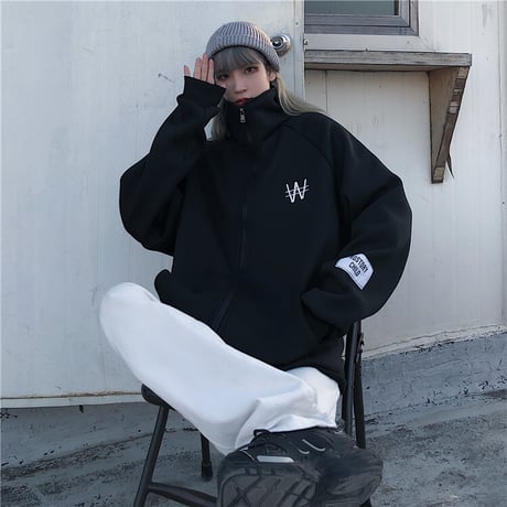 ユニセックス スウェット ジャケット ジップアップ ハイネック 長袖 オーバーサイズ ゆったり 韓国ファッション レディース カジュアル ストリートファッション DTC-652511935653
