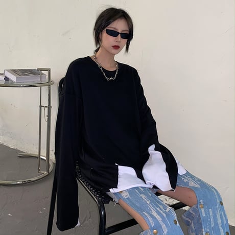 ユニセックス 長袖 Tシャツ メンズ レディース レイヤード風 裾ダメージ加工 ラウンドネック オーバーサイズ 大きいサイズ ストリート TBN-625479955275