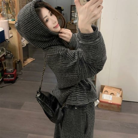 セットアップ 上下セット フリース ボーダー柄 ジップアップ パーカー ポケッ トワイドパンツ ジャージ ルーズ レトロ 大人可愛い ガーリー カジュアル DTCA-865292473430