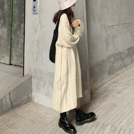 ニットワンピース ケーブル編み 韓国ファッション レディース ラウンドネック ルーズニット 長袖 春 秋 冬 大人カジュアル 韓国 (DTC-605142020234)