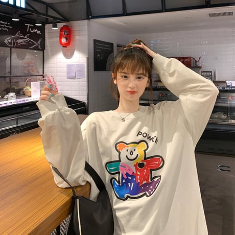 トレーナー 落書き風 クマちゃん プリント ルーズ スウェット 韓国ファッション レディース ラウンドネック 長袖 ガーリー (DTC-624906211705)