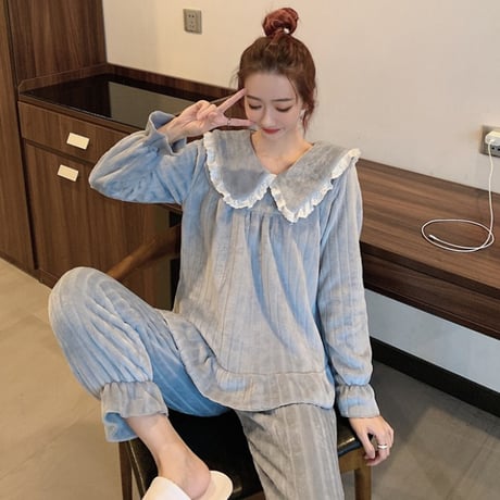 ルームウェア パジャマ セットアップ コーラルフリース トップス + パンツ 長袖 上下セット 韓国ファッション レディース ホワイト ブルー ガーリー 630856660553