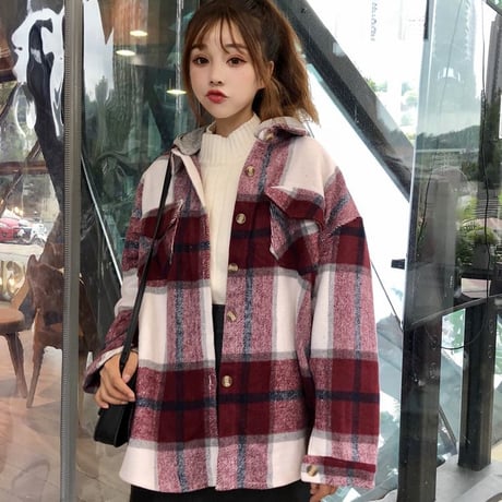 パーカー ネルシャツ 韓国ファッション レディース チェック柄 レイヤード 重ね着風 フード脱着 厚手 アウター 秋冬 カジュアル (DTC-601523687618)