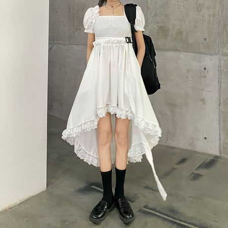 ワンピース アシンメトリー フィッシュテール ベルト パフ袖 韓国ファッション レディース 前後丈違い バブルスリーブ スクエアネック Aライン シンプル ガーリー DTC-615631705251